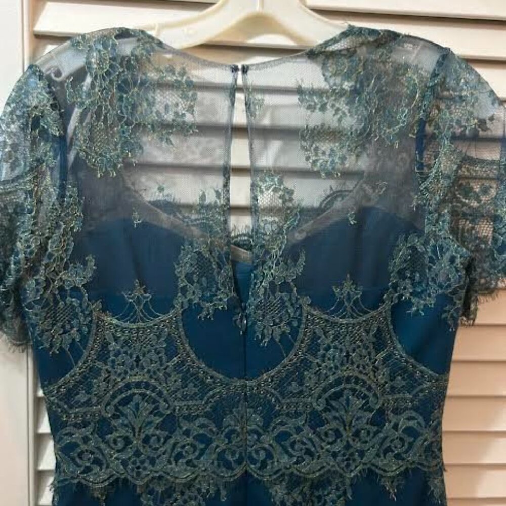 Incredible Marchesa Notte Sheath Eyelash Teal Lace Cocktail Dress - Picture 4 of 14